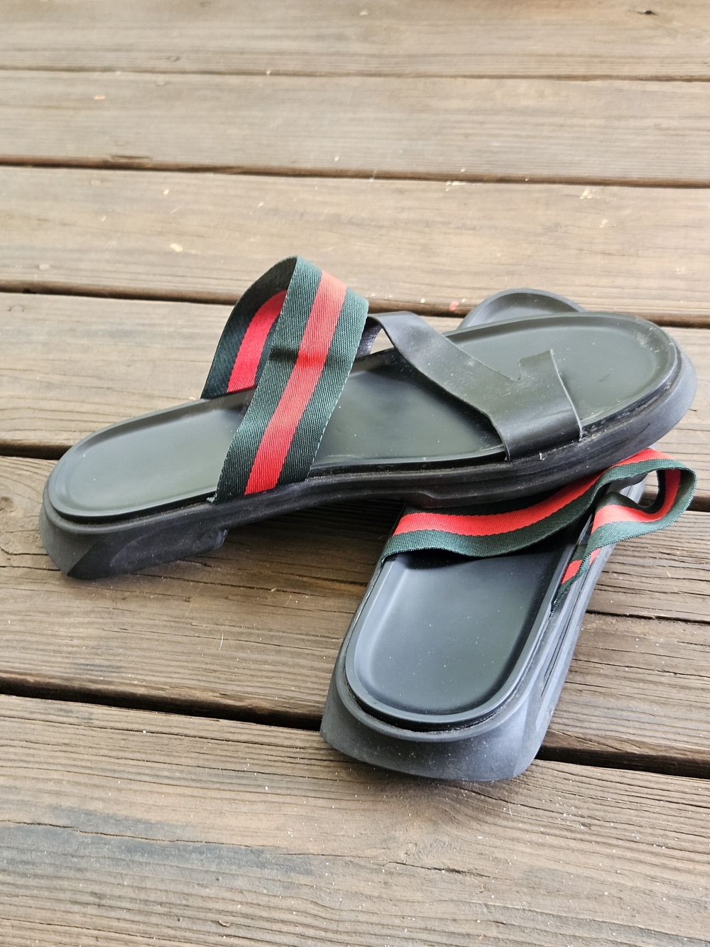 Luxury Men's Black Slide Sandals with Red & Green Striped Webbing Size 11